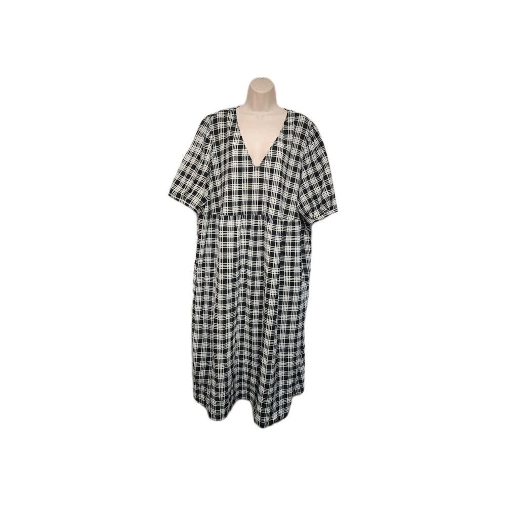 Divided H&M V-Neck Long Maxi Dress Black/White Plaid Puff Short Sleeves Size 3X